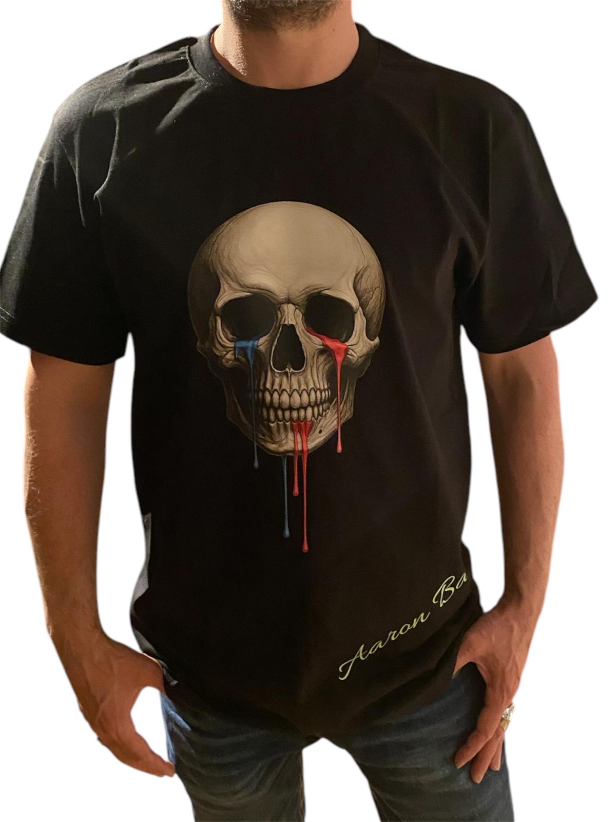 Soul Split Skull Shirt – Schwarzes T-Shirt mit Totenkopf & Farb-Drip – Aaron Bane Streetwear